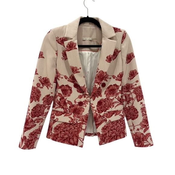 Alice + Olivia Mya Notch Collar Fitted Blazer Off White Multi Red Floral Size 2 - Picture 2 of 16